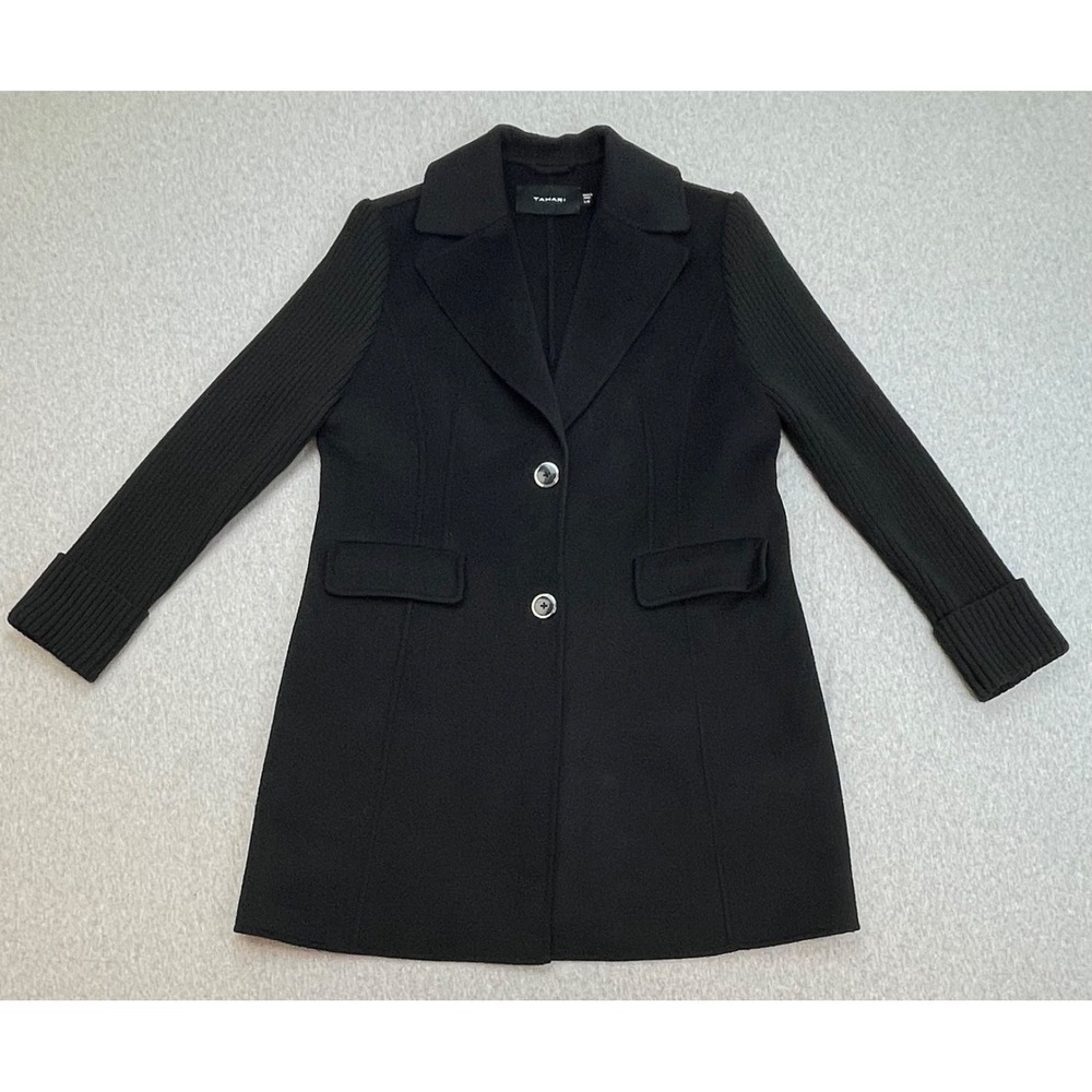 Tahari Coat Womens Large Black Wool Blend 2-Button Single Breast Long Sleeve